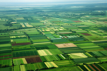 Aerial view of vibrant green agricultural fields with various patterns and textures. The landscape showcases a patchwork of different crops and farmland, highlighting the beauty of rural agriculture.