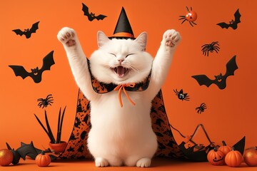 4 A playful white cat dressed as a witch, doing a happy dance with its paws up, surrounded by...