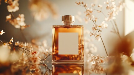 A stylish retro perfume bottle mockup featuring a blank label, surrounded by delicate floral elements, ideal for creative presentations and product displays.