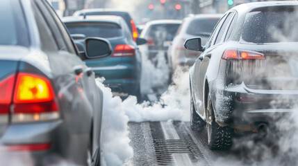Cars emitting exhaust fumes on a busy city street, indicating air pollution.