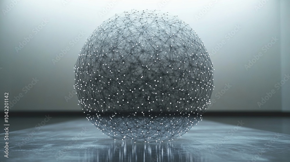 Aufkleber A spherical structure made up of thin, interconnected lines and luminous points stands central in a softly lit, minimalist environment, creating a futuristic look.