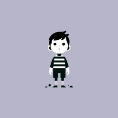 Vector illustration of standing little boy in black and white flat style