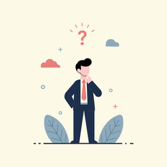 Vector illustration of a man in a suit, thinking and doubting over a question. Full-length faceless man
