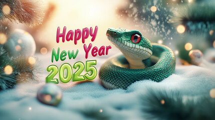 Christmas card 2025 with christmas decorations and green snake