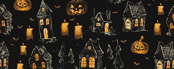 halloween background pumpkins,candles and houses.