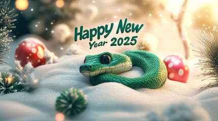 New year 2025 greeting card with green snake