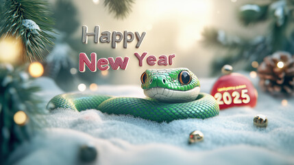 Happy New Year 2025 greeting card with a green snake