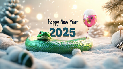 Happy New Year 2025 greeting card with a green snake