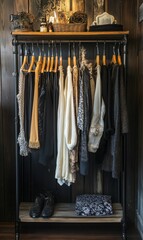 Clothes hanging on a rustic wooden rack.