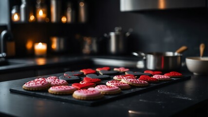 Aesthetic preparation of valentines biscuits on a black themed kitchen. bokeh style.