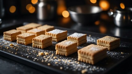 Aesthetic preparation of shortbread biscuits on a black themed kitchen. bokeh style.