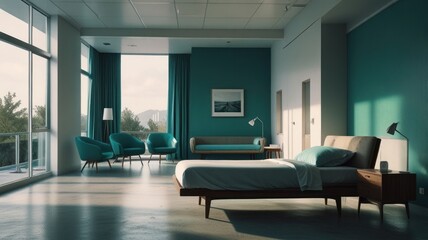 Fototapeta premium A modern bedroom with a teal wall, large windows, and a view of a mountain range. The bed is made with white linens and a brown headboard. There are three blue chairs and a couch in the room.