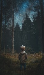 A boy stares up at the starry night sky.