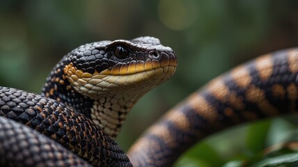 Fototapeta premium A close-up of a black and yellow snake with its head turned to the side. The snake's scales are visible and its eyes are focused on something in the distance.