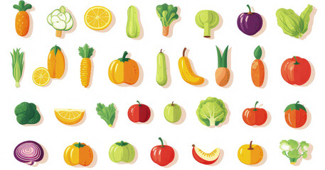 Obraz premium A colorful assortment of various vegetables and fruits arranged in a grid format isolated on white background.