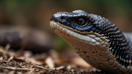 Naklejka premium Close-up portrait of a black snake with yellow eyes and white markings, looking to the right.
