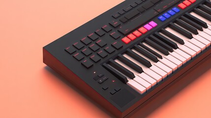 Explore the sleek design of a digital keyboard with a minimalistic style featuring white keys and striking red lights, perfect for creative sessions