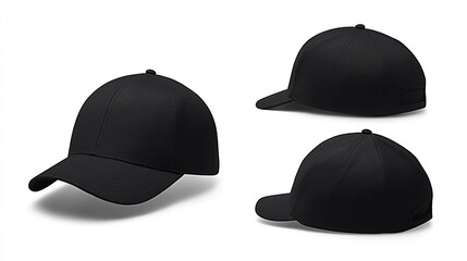 Blank Black Baseball Cap Mockup   Front  Side  Back Views
