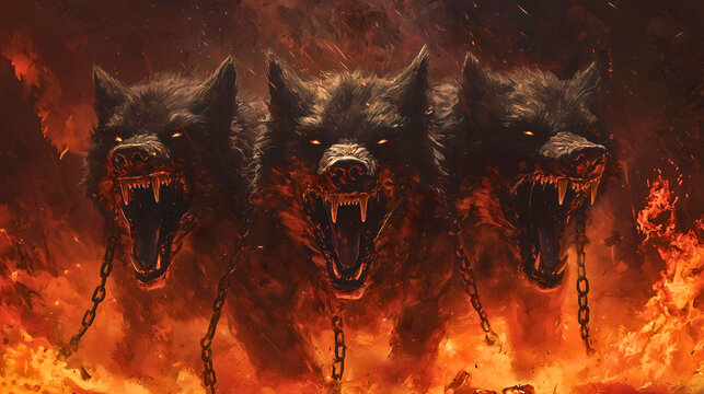 Cerberus, the hellish three-headed dog from mythology, is a terrifying creature that guards the gates of the underworld. Bound by cursed chains that prevent his escape.