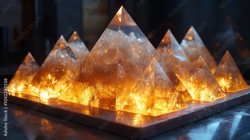 Aufkleber Crystal pyramids of varying sizes are arranged artistically on a dark surface, illuminated from within to create a mesmerizing glow that enhances their natural beauty and texture.