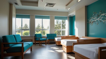 Fototapeta premium A modern hospital room with two beds, a couch, and a window overlooking a tree-lined landscape. The walls are painted in calming colors.