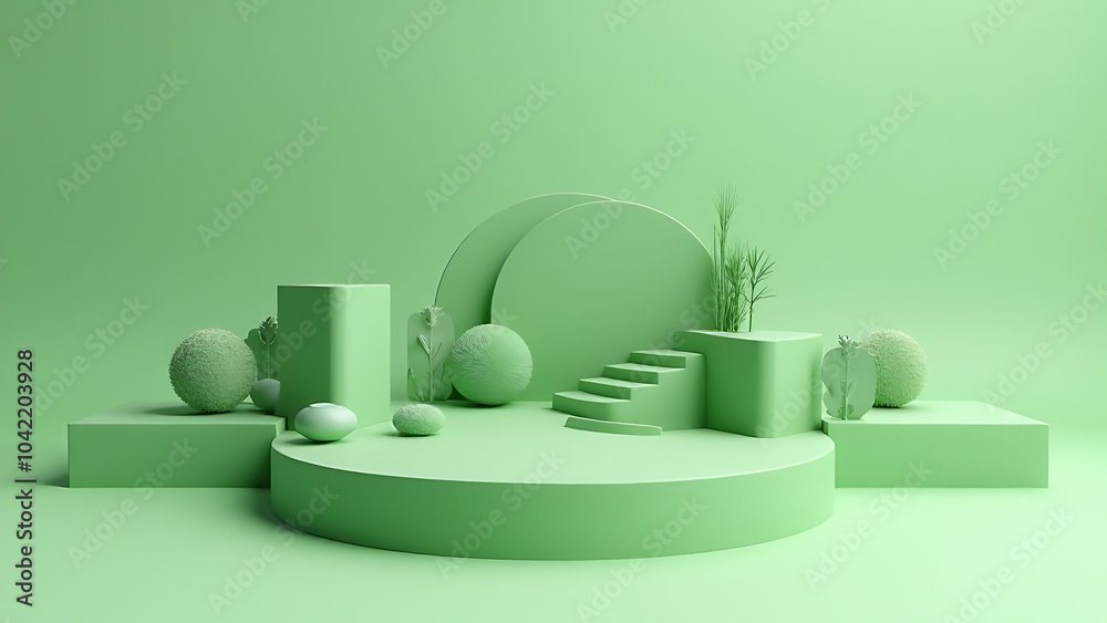 Poster minimalist display features 3d model of a serene outdoor landscape with natural elements on a green 
