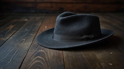 Classic black fedora hat on rustic wooden floor background