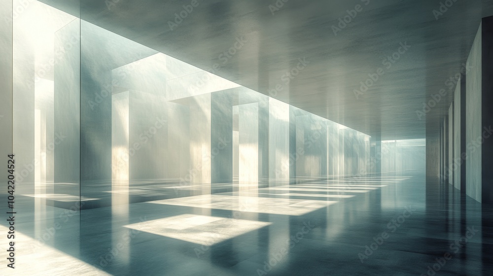 Poster soft light filters through tall glass walls, illuminating the minimalist interior. the smooth floor 