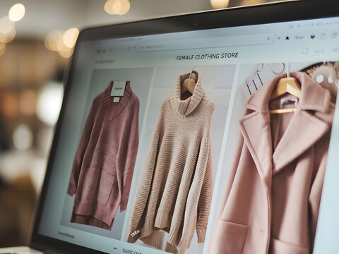 Pantalla de una computadora port&aacute;til que muestra una tienda de ropa de invierno femenina en l&iacute;nea
