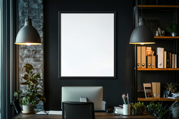 Modern office interior with blank framed poster on wall, visible desk with computer, bookshelves and hanging lights in background. Real photo.