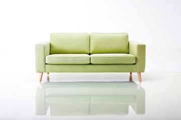 Obraz premium Reflected light green sofa in minimal style on white background