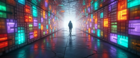 A silhouette of a person walking through a futuristic tunnel illuminated with vibrant colored lights, creating a sense of mystery and adventure. The image evokes technology and exploration.