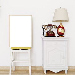 A4 frame mockup in retro style with lamp and phone, 3d render