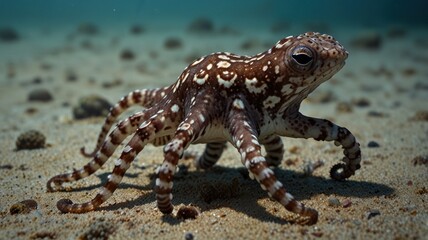 Obraz premium A small octopus with brown and white stripes walks on the sandy ocean floor.