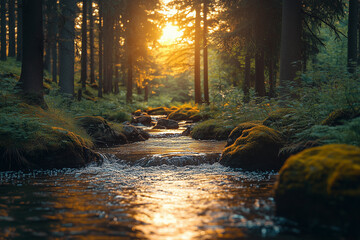 Peaceful Forest Scene with Sunlight Streaming Through Trees and Flowing Stream, Capturing the Tranquil Atmosphere of Nature&rsquo;s Beauty