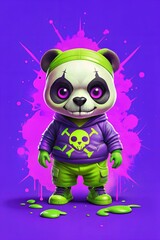 A cartoon panda in a green hoodie stands confidently against a vibrant purple background, radiating a playful yet edgy vibe. AI.