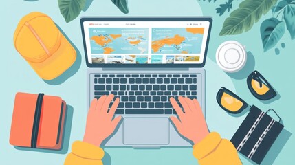 Top view of a person planning a trip on a laptop with a coffee, sunglasses, a hat, and a notebook.