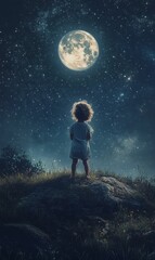 Obraz premium A lone child gazes at a full moon and starry
