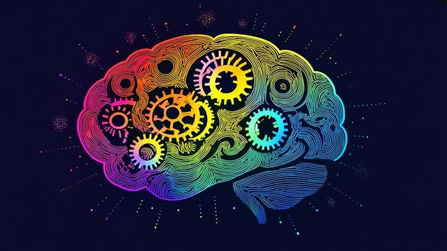 Colorful illustration of a human brain with gears turning inside, representing the concept of thought, creativity, and imagination