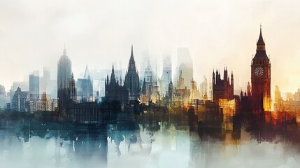 Obraz premium Artistic watercolor skyline of London, England with Big Ben, Houses of Parliament, and other iconic landmarks.