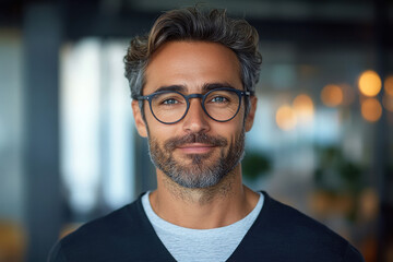 Obraz premium Happy middle aged professional business man, smiling mature executive ceo manager, 45 years old male entrepreneur, confident business owner wearing glasses in office. Headshot portrait.