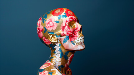 An extraordinary portrait of the skeleton decorated with colorful tattoos and flowers. Life and death concept. Halloween theme. Tattoo design samples and template.