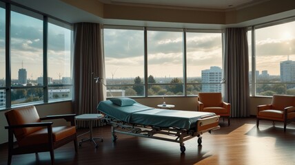 Fototapeta premium A hospital room with a bed, two armchairs and large windows overlooking a city skyline.