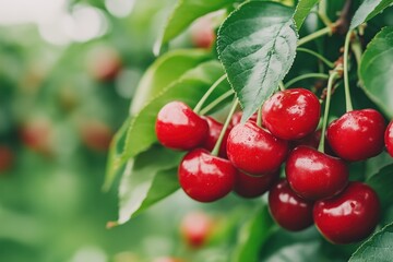 Ripe cherries hang from lush green leaves in a sunlit orchard during the peak summer harvest season, copy space