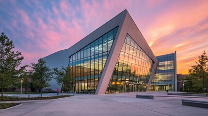 Obraz premium Modern architecture building with glass facade and dramatic sunset sky.
