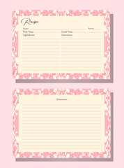 Two recipe cards template. Pink and beige floral damask pattern border. Soft, vintage-inspired design. Delicate floral motifs on border. Classic and sophisticated aesthetic. Feminine and refined style