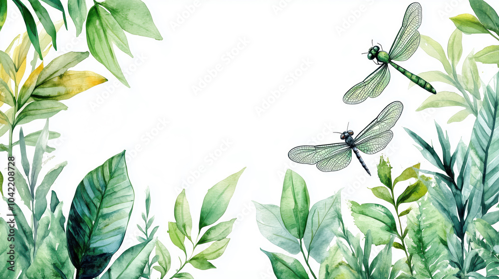 Wall mural background with green plants on the board, empty copy space in the middle, two dragonflys . sustaina