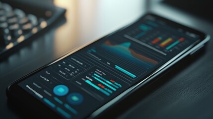Obraz premium Close-up of a smartphone displaying data analytics graphs and charts on a desk.