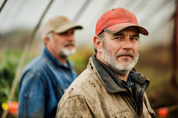 Fototapeta premium Farmers collaborating in a greenhouse, focused on planting and cultivating fresh produce during late afternoon. Generative AI