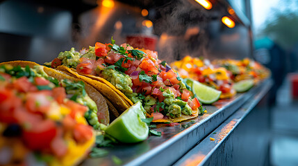 A colorful taco food truck, with fresh guacamole, cilantro, and lime wedges, shot with a telephoto lens